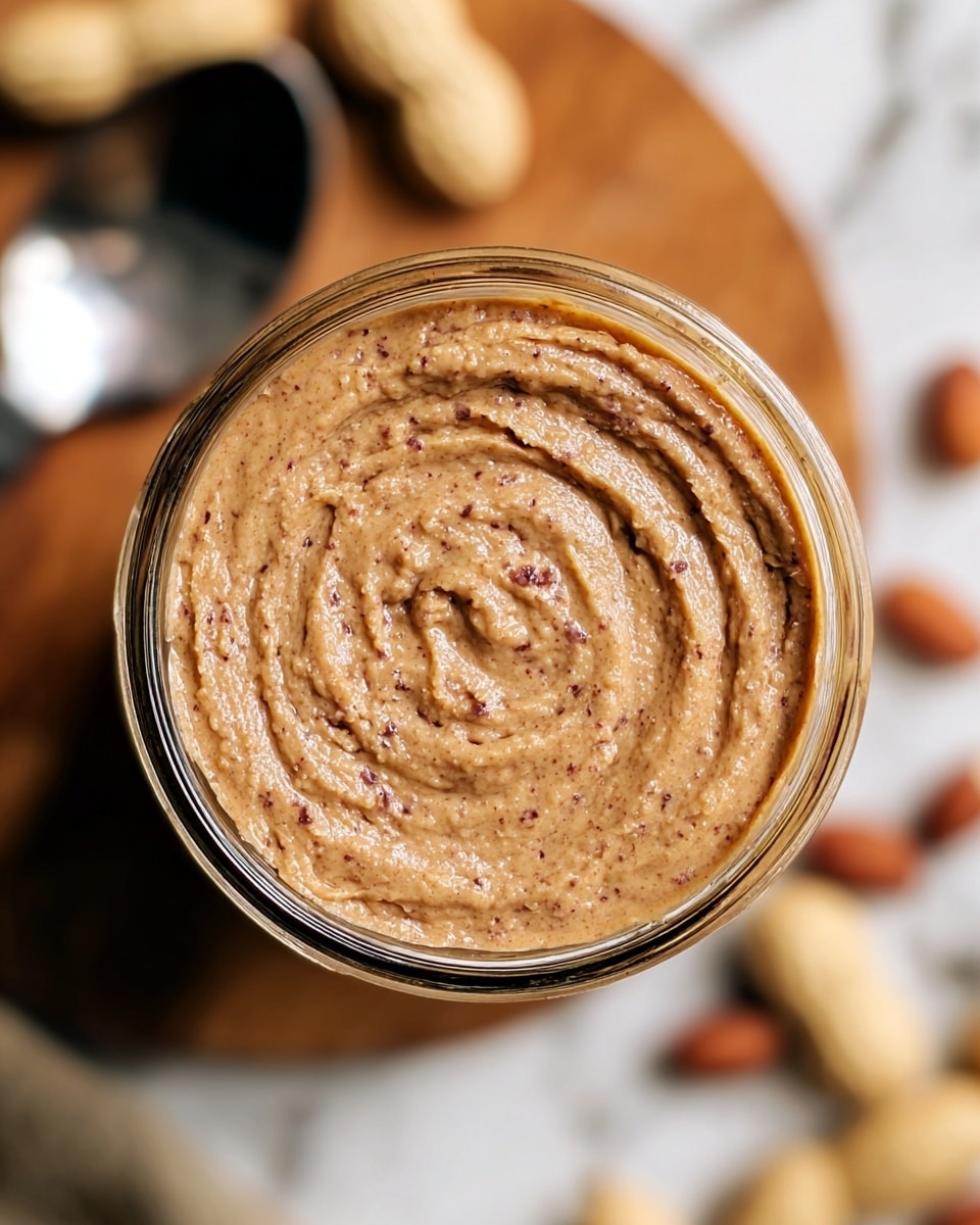 A top view of a glass jar filled with smooth peanut butter showing swirled texture on the surface with small peanut pieces visible, the peanut butter is light brown with tiny darker brown specks scattered evenly, the jar sits on a wooden background with some whole peanuts and a metal spoon slightly blurred in the background, all placed on a white marbled surface. photo taken with an iphone --ar 4:5 --v 7