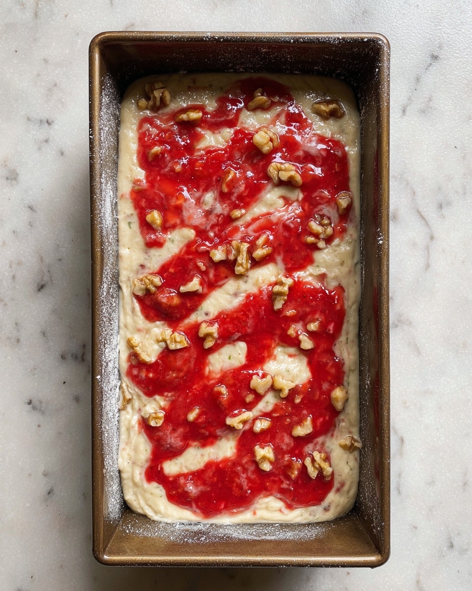 The image shows a rectangular baking pan filled with a light beige batter as the base layer, dotted with small pieces of walnuts scattered on top. Over this batter, there are irregular patches of bright red strawberry sauce spread unevenly across the surface. The pan's inside edges are dusted with flour. The pan is placed on a white marbled textured surface. photo taken with an iphone --ar 4:5 --v 7