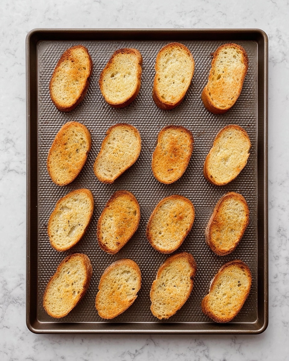 The image shows a baking tray with 14 slices of toasted bread neatly arranged in four rows on a textured dark metal tray placed on a white marbled surface. Each slice of toast is golden brown with crispy edges and a lightly textured surface, showing slight variations in toasting with some areas a bit darker and some lighter. The bread slices are oval-shaped and evenly spaced, creating a uniform and tidy layout for cooling or serving. photo taken with an iphone --ar 4:5 --v 7