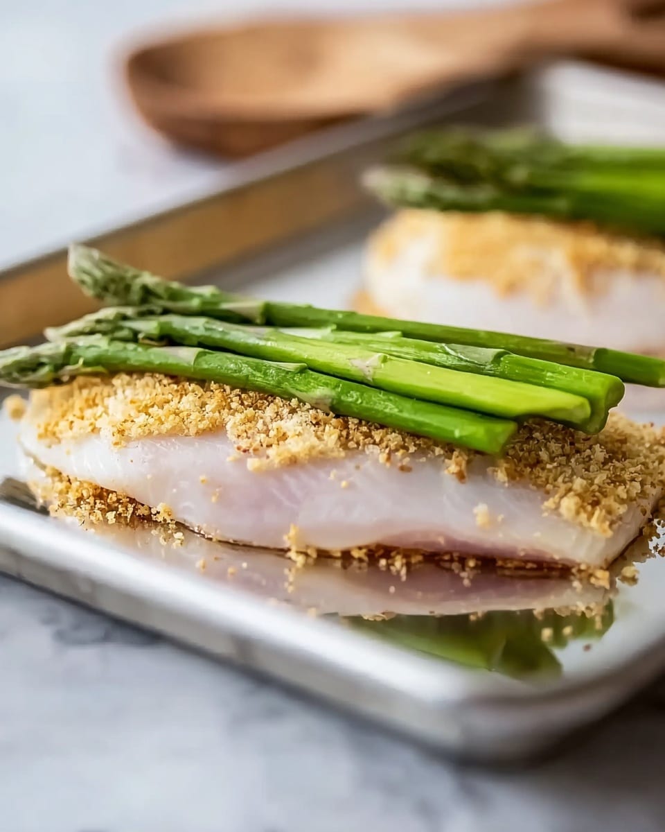 The image shows a close-up of two raw fillets on a silver baking sheet, each fillet coated with a golden crumb layer on the edges. On top of the fillets, there are four long green asparagus spears with smooth, thin skin and slightly pointed tips, neatly placed horizontally across the fillets. The baking sheet sits on a white marbled surface, and in the background, there is a blurred textured wooden object. The overall look is simple and fresh. photo taken with an iphone --ar 4:5 --v 7