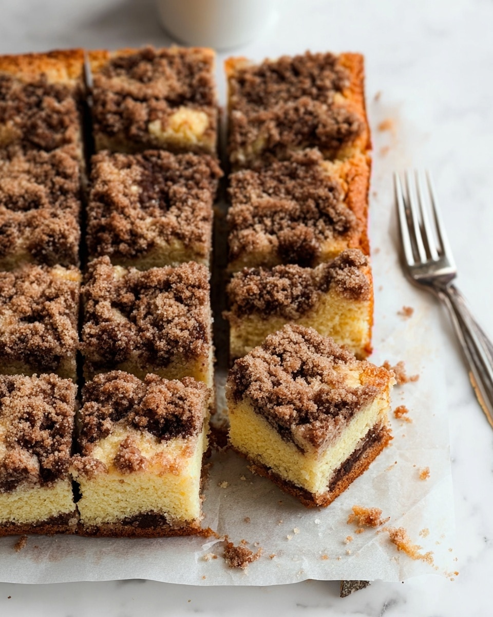 The image shows a square piece of crumb cake with two layers, placed on parchment paper over a metal tray. The bottom layer is a dense, light beige cake with a moist and slightly crumbly texture that has small specks of cinnamon swirled inside. The top layer is a thick, crumbly streusel topping in shades of brown, appearing rough and textured with coarse crumbs unevenly spread. The background is soft and out of focus with a white marbled surface visible beneath the tray. Photo taken with an iphone --ar 4:5 --v 7