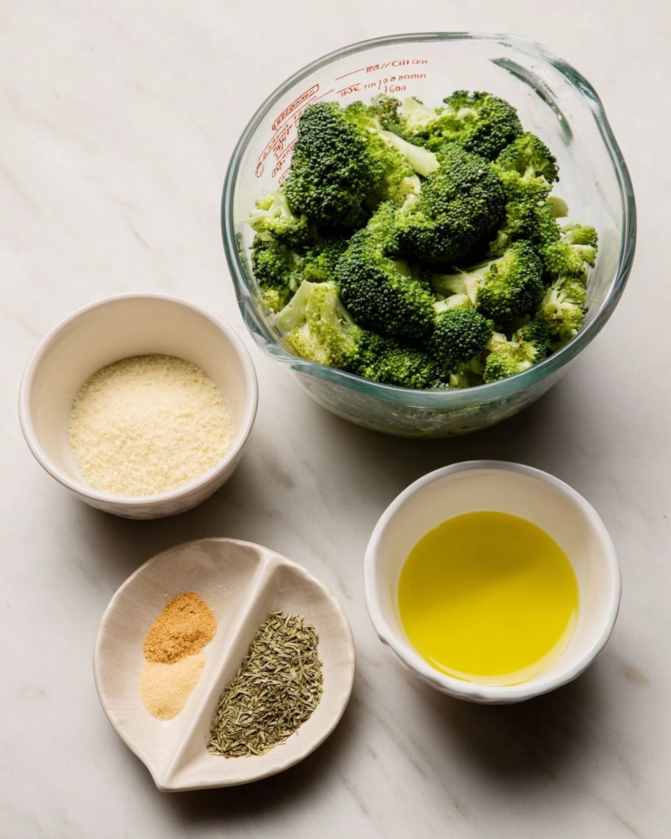 The image shows four containers with ingredients set on a white marbled surface. In the top right, there is a clear glass measuring cup filled with fresh green broccoli florets. Below on the right, there is a small white bowl holding a bright yellow liquid, likely melted butter or oil. To the left, there is another small white bowl containing a light beige powder, possibly grated cheese. In the bottom left corner, there is a shallow white dish with three different seasonings in separate sections: a light orange powder, a pale beige powder, and some green dried herbs. All items are arranged neatly and lit with natural light. photo taken with an iphone --ar 4:5 --v 7