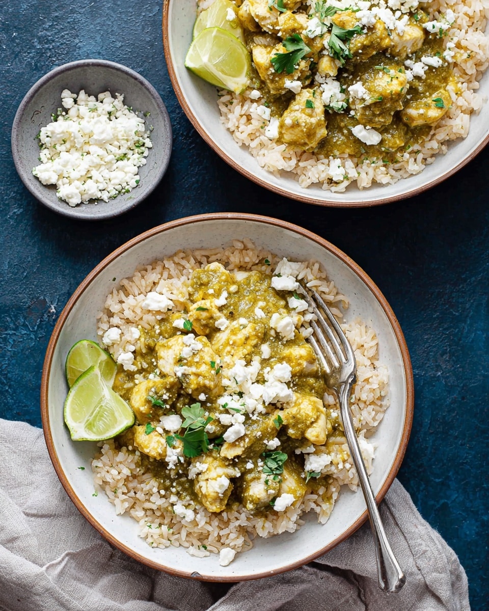 The image shows two white bowls with brown rims filled with layers of light brown cooked rice as the base, topped with pieces of golden-yellow chicken covered in green sauce. White crumbled cheese is sprinkled over the chicken and rice, along with small green herb leaves. One bowl has two green lime wedges placed on the side. A silver fork rests in the front bowl, and near the bowls are a small gray bowl and a spoon filled with more crumbled cheese. The bowls sit on a dark blue surface with a light gray cloth beside them. photo taken with an iphone --ar 4:5 --v 7