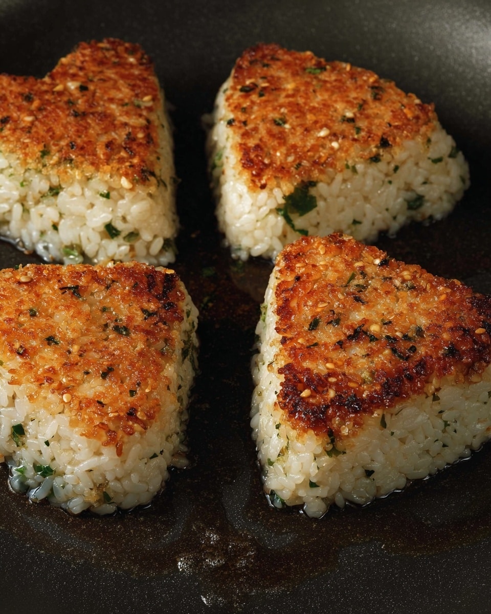 The image shows four triangular-shaped grilled rice balls with a crispy, golden-brown crust on the top side, while the rest of each rice ball is white with visible grains and small green herb pieces mixed in. They are placed in a dark, textured pan with some oil visible, emphasizing the crispy texture of the rice. The rice balls have a slightly uneven surface, showcasing the roasted sesame seeds and seasoning that add texture and color. photo taken with an iphone --ar 4:5 --v 7