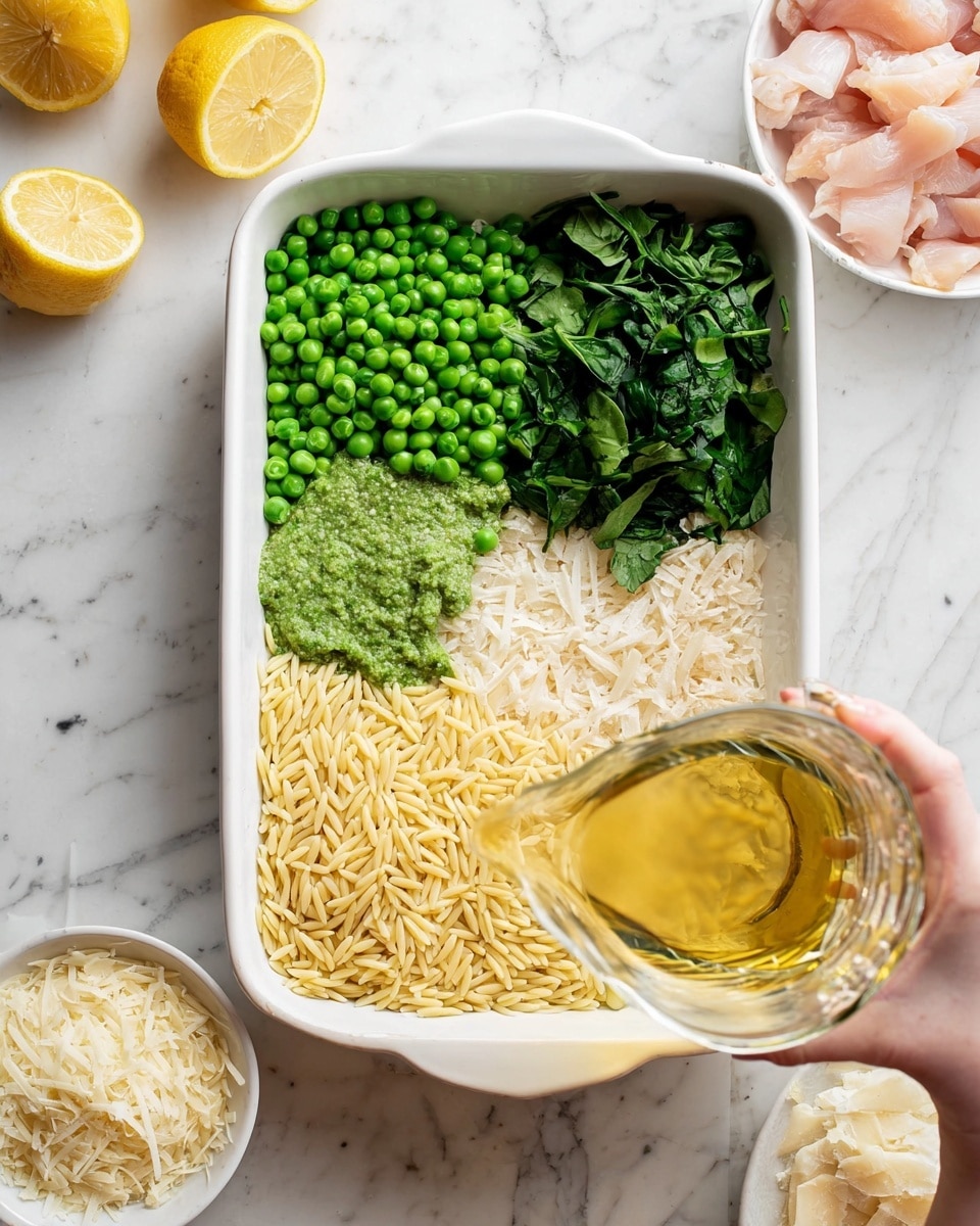 A white rectangular baking dish sits on a white marbled surface, filled with four main layers: bright green frozen peas in the top left, fresh dark green spinach leaves on the top right, a pale green pesto dollop slightly off center, and uncooked light yellow orzo pasta covering the bottom half. A clear glass pitcher pours a golden liquid broth into the orzo at the bottom right, held by a woman's hand. Around the dish, there are small white bowls with shredded mozzarella, raw light pink chicken pieces, and grated cheese, along with halved lemons on the left side. The image is bright and fresh, showing the vibrant colors of raw ingredients ready to cook, photo taken with an iphone --ar 4:5 --v 7