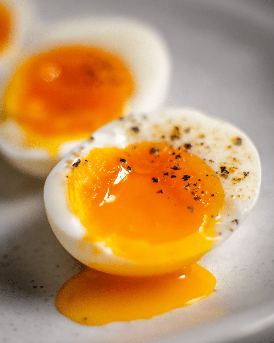 The image shows a close-up of two halves of a boiled egg on a white marbled surface. Each egg half has a bright orange, slightly runny yolk that gently spills out onto the plate, with a smooth and firm white surrounding it. Tiny black pepper specks are scattered on the yolk and white, adding a subtle texture and contrast. The focus is sharp on the front egg half, showing the glossy, rich yolk oozing naturally, while the back egg half is softly blurred. photo taken with an iphone --ar 4:5 --v 7