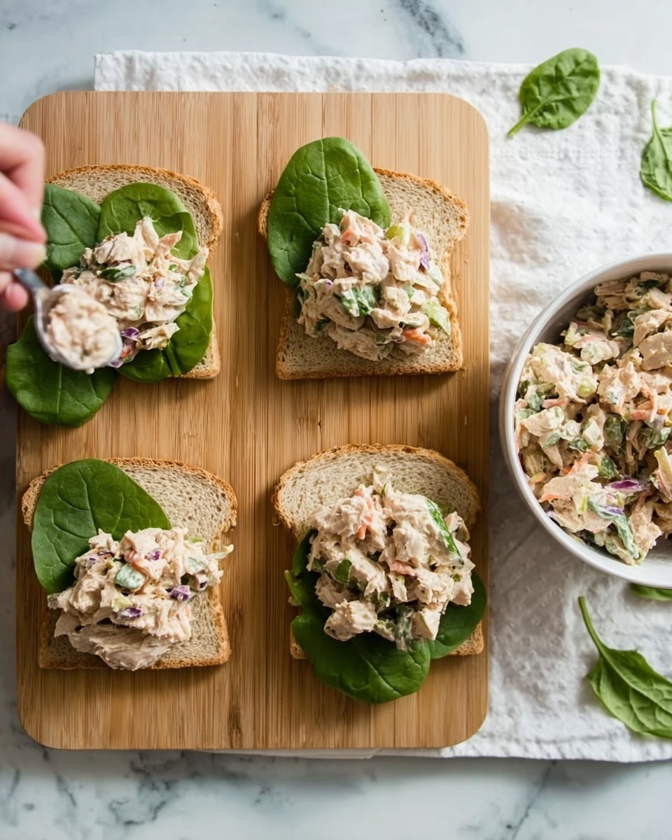 The image shows four open sandwiches on a light wooden board placed on a white marbled surface. Each sandwich consists of a slice of light brown bread as the base. Three of the slices have a fresh green spinach leaf on top, while one slice holds a mixture of salad with visible pieces of light pink, white, green, and purple ingredients, likely a creamy chicken or tuna salad with shredded vegetables. One sandwich is in the process of being made, with a silver spoon held by a woman's hand scooping the salad onto the bread. To the right of the board, there is a white bowl filled with the same creamy salad mixture sitting on a white cloth. The colors are soft and natural, making the food look fresh and ready to eat. photo taken with an iphone --ar 4:5 --v 7