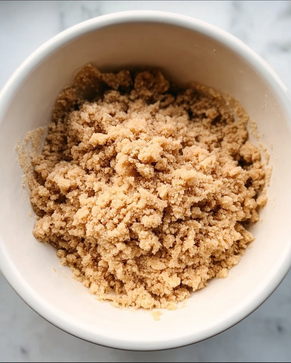 The image shows a close-up of a white bowl filled with a single layer of crumbly, light brown mixture that looks granular and slightly rough in texture, covering the bottom evenly. The background surface is a white marbled texture, with soft lighting that highlights the texture of the mixture inside the bowl. photo taken with an iphone --ar 4:5 --v 7