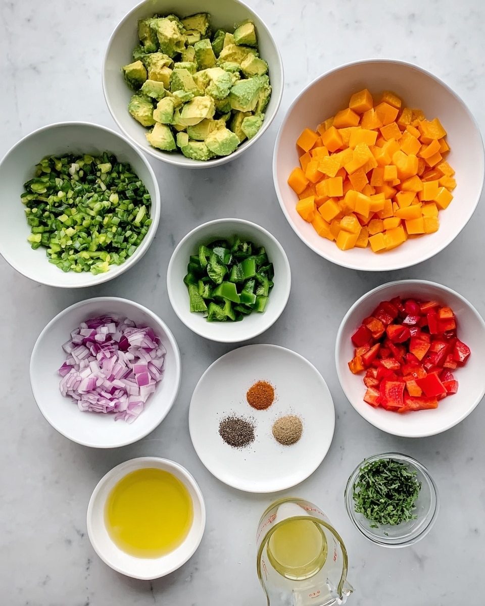 The image shows several white bowls and small plates arranged on a white marbled surface, each containing a different prepared ingredient. There is a large bowl with chopped avocado pieces, another large bowl filled with small orange cubes, and another large bowl holding finely diced red bell peppers. Smaller bowls contain diced red onions, chopped green bell peppers, finely chopped green herbs, a yellow liquid likely oil, and a clear measuring cup with a small amount of light yellow liquid. Three different spices—black pepper, salt, and a brown spice—are placed together on one small white plate. There is also a small plate with a bit of green zest. The overall setup looks clean and colorful with fresh and finely chopped ingredients. photo taken with an iphone --ar 4:5 --v 7