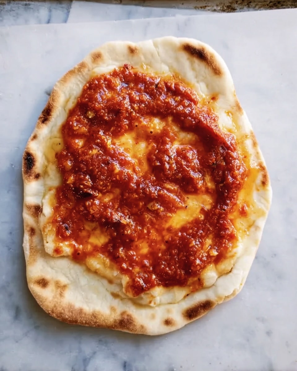 A small round piece of flatbread with an uneven edge sits on a white marbled surface. It has one top layer of thick, chunky red tomato sauce spread unevenly across the center, with some parts showing melted yellow-orange cheese beneath. The flatbread itself is pale with some light brown toasted spots on the edges. Photo taken with an iphone --ar 4:5 --v 7