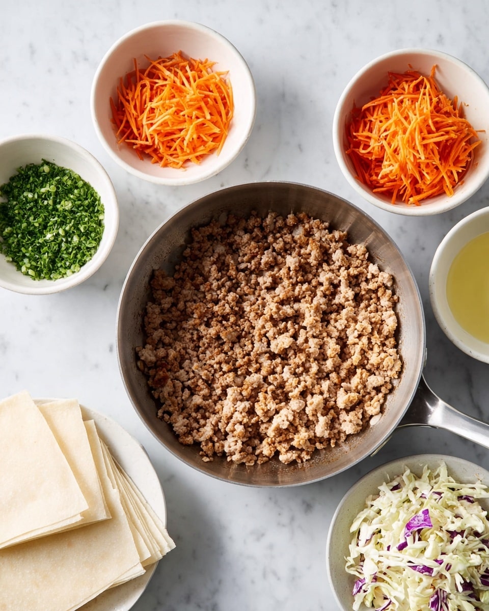 A pan filled with cooked ground meat sits in the center on a white marbled surface. Around the pan are five small white bowls and plates: one bowl holds shredded orange carrots, another has chopped green herbs, a third contains a pale yellow liquid, and a fourth is filled with coleslaw made of white and purple cabbage mixed with shredded carrot. A white plate has a small stack of square, pale beige flat wrappers placed neatly. The image is bright and clean with a clear view of each ingredient and utensil, photo taken with an iphone --ar 4:5 --v 7