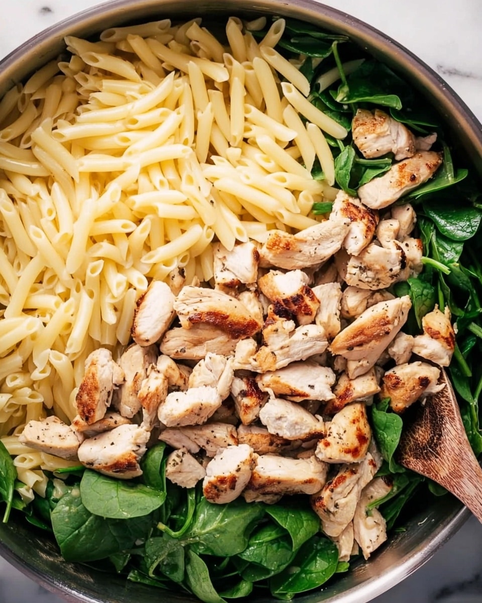 A close-up view of a pan filled with three main layers from bottom to top. At the bottom, fresh green spinach leaves are spread out around the edges. Above the spinach, there is a layer of pale yellow, cooked macaroni pasta, soft and smooth in texture. On the top side, there are many pieces of light brown, cooked chicken pieces with slight grill marks, scattered unevenly. A wooden spoon is partially visible at the right edge of the pan. The background is a white marbled surface. photo taken with an iphone --ar 4:5 --v 7