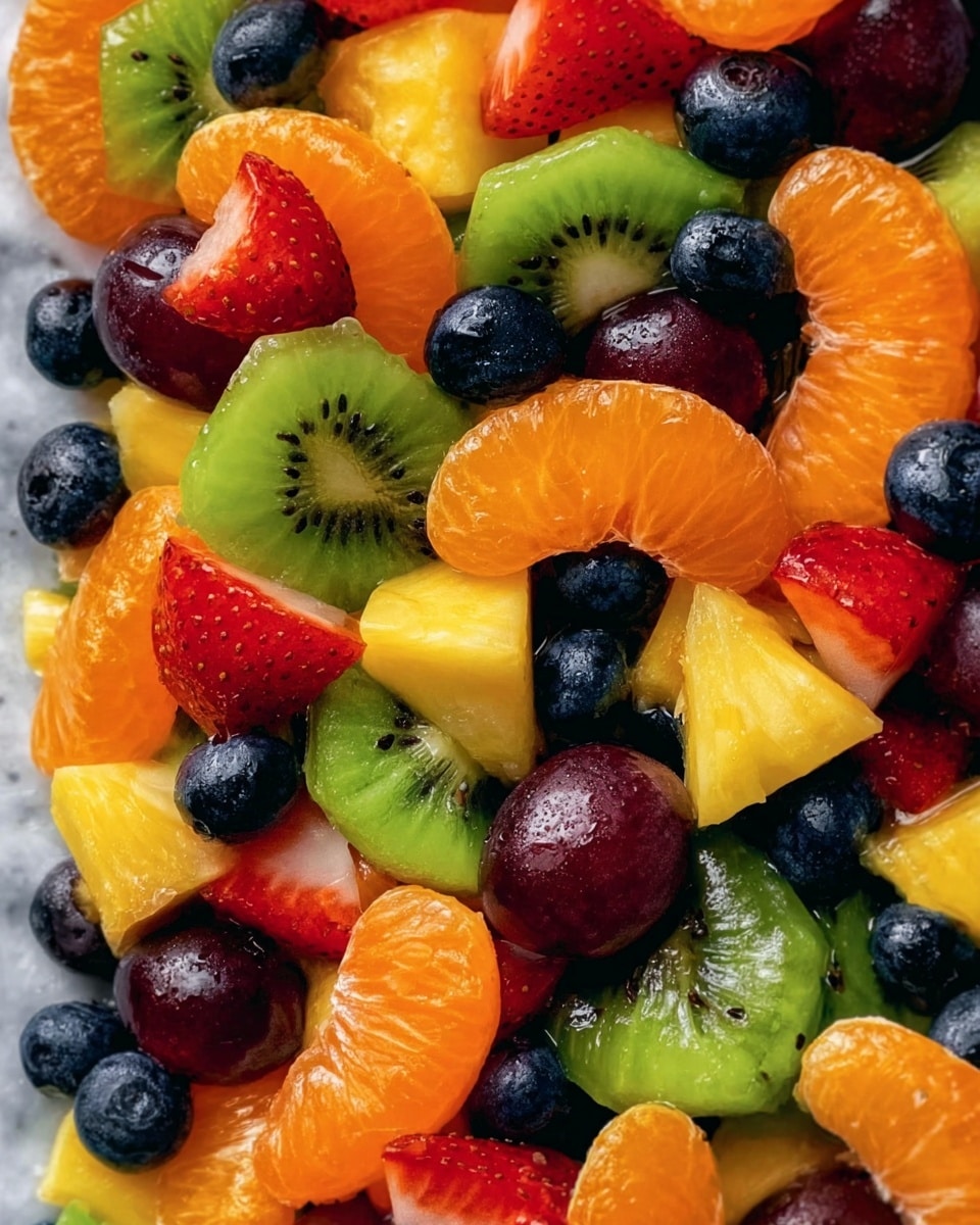 The image shows a colorful fruit salad with many pieces closely packed together. The base layer consists of bright orange mandarin slices and shiny dark purple grapes spread evenly throughout. On top of this, there are fresh green kiwi slices with visible small black seeds and chunks of golden yellow pineapple. Mixed among these are red strawberry halves and small clusters of deep blue blueberries adding more color contrast. The fruit looks juicy and glossy, placed on a white marbled surface. photo taken with an iphone --ar 4:5 --v 7