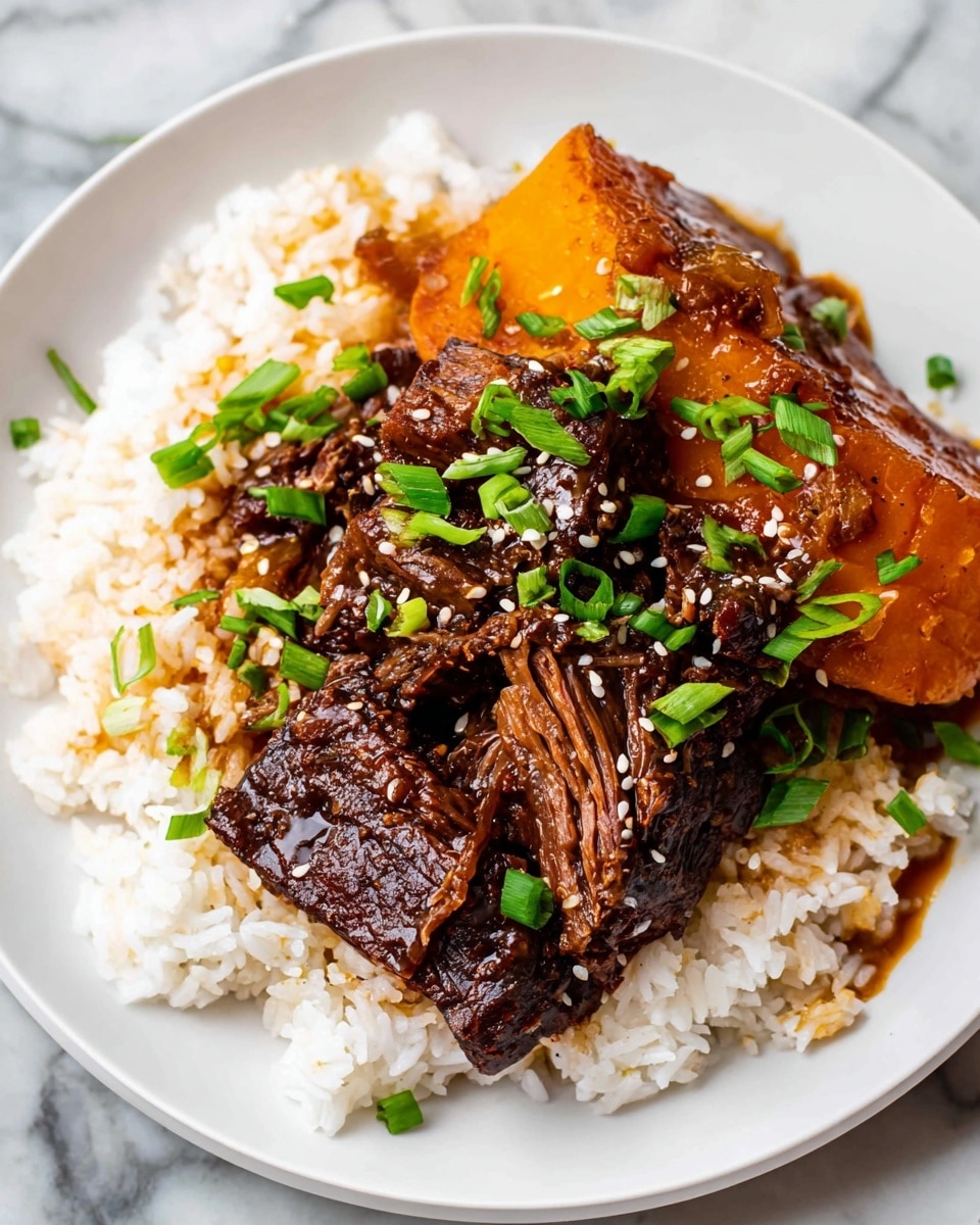 A white plate holds a bed of fluffy white rice spread evenly as the bottom layer. On top of the rice, there is a thick, juicy piece of dark brown braised meat with visible fibers and a glossy texture from a savory sauce. Behind the meat is a large, tender piece of orange-brown roasted squash with a slightly caramelized surface. The dish is garnished with bright green, chopped chives scattered over the meat and rice, along with small white sesame seeds sprinkled on top. The plate is set against a white marbled surface. photo taken with an iphone --ar 4:5 --v 7