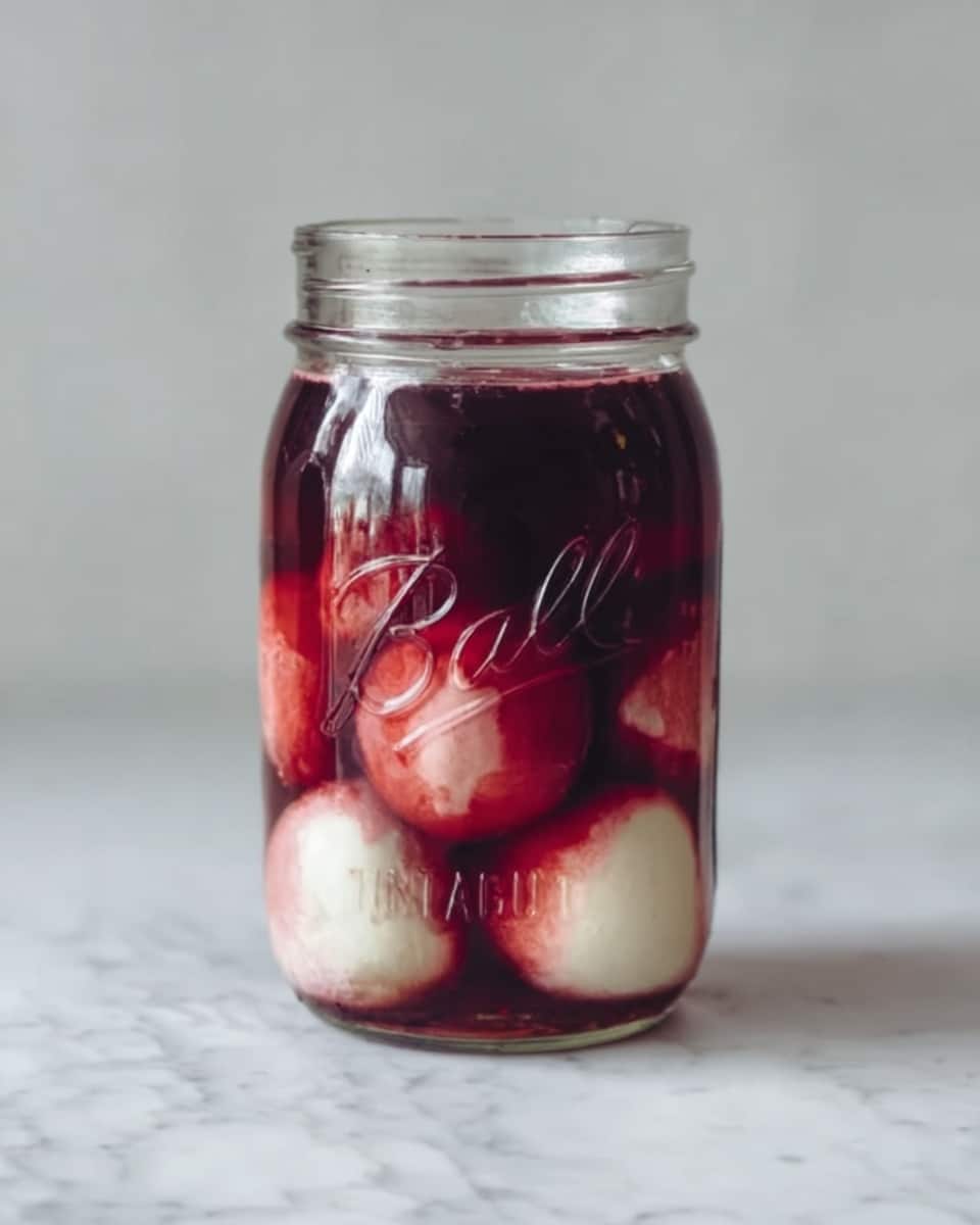 A clear glass jar filled with layers of dark red liquid and large white and red round objects, visible inside the jar. The jar sits on a white marbled surface, and the background is soft light gray, making the jar and its contents stand out with rich, deep colors. The top part of the jar shows the darker red liquid, while the bottom half has large, smooth shapes in white and red, partly submerged in the liquid. The jar has the word