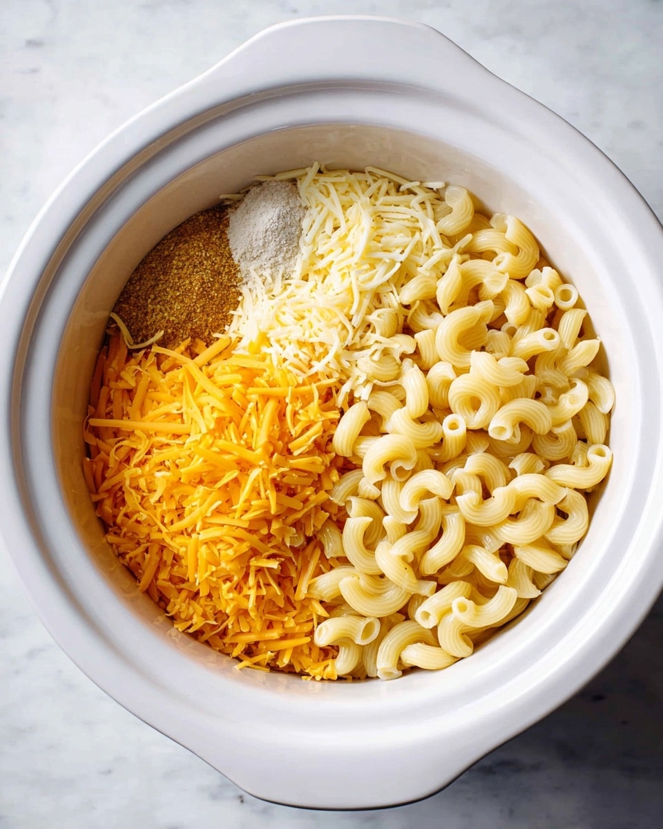 Inside a white slow cooker bowl on a white marbled surface, there are three main layers. On the right side, there is a large pile of uncooked elbow macaroni in pale yellow with smooth curved shapes. Next to it on the left, there is a layer of shredded cheddar cheese in bright orange with thin, soft strands. Above the cheddar cheese, there is another layer of shredded cheese in pale yellow with longer and softer shreds. In the middle of these cheese layers, there are small piles of light brown and white powdered spices, adding small textured spots. The overall look is clean and organized with vibrant pale and orange colors. photo taken with an iphone --ar 4:5 --v 7