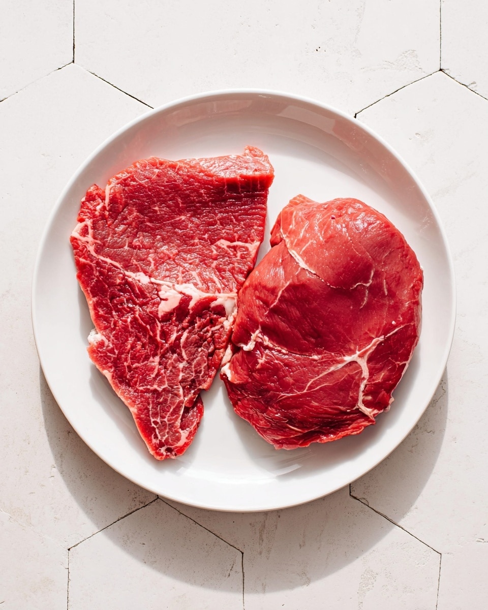 Two raw red meat pieces lie flat side by side on a white round plate. The left piece is irregular in shape with visible white fat veins and a textured surface showing fibrous muscle strands. The right piece is larger and more rounded, with a shiny wet look and less fat but some marbling lines visible towards the edges. The plate rests on a white marbled hexagonal tiled surface. The lighting is bright, highlighting the red color and natural textures of the meat. photo taken with an iphone --ar 4:5 --v 7