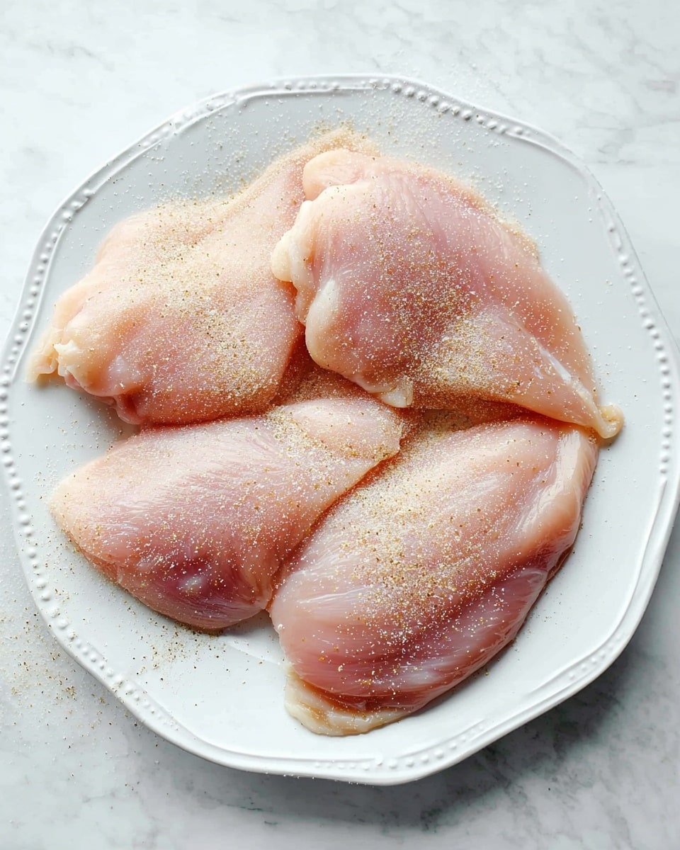Four raw light pink chicken pieces lie flat and close together on a white, slightly curved-edge plate with a small raised bead pattern around its rim. A light beige powder seasoning is sprinkled unevenly over the chicken, creating a soft coating that contrasts with the smooth, shiny texture of the raw meat. The plate rests on a white marbled surface that adds a clean, bright background to the image. photo taken with an iphone --ar 4:5 --v 7