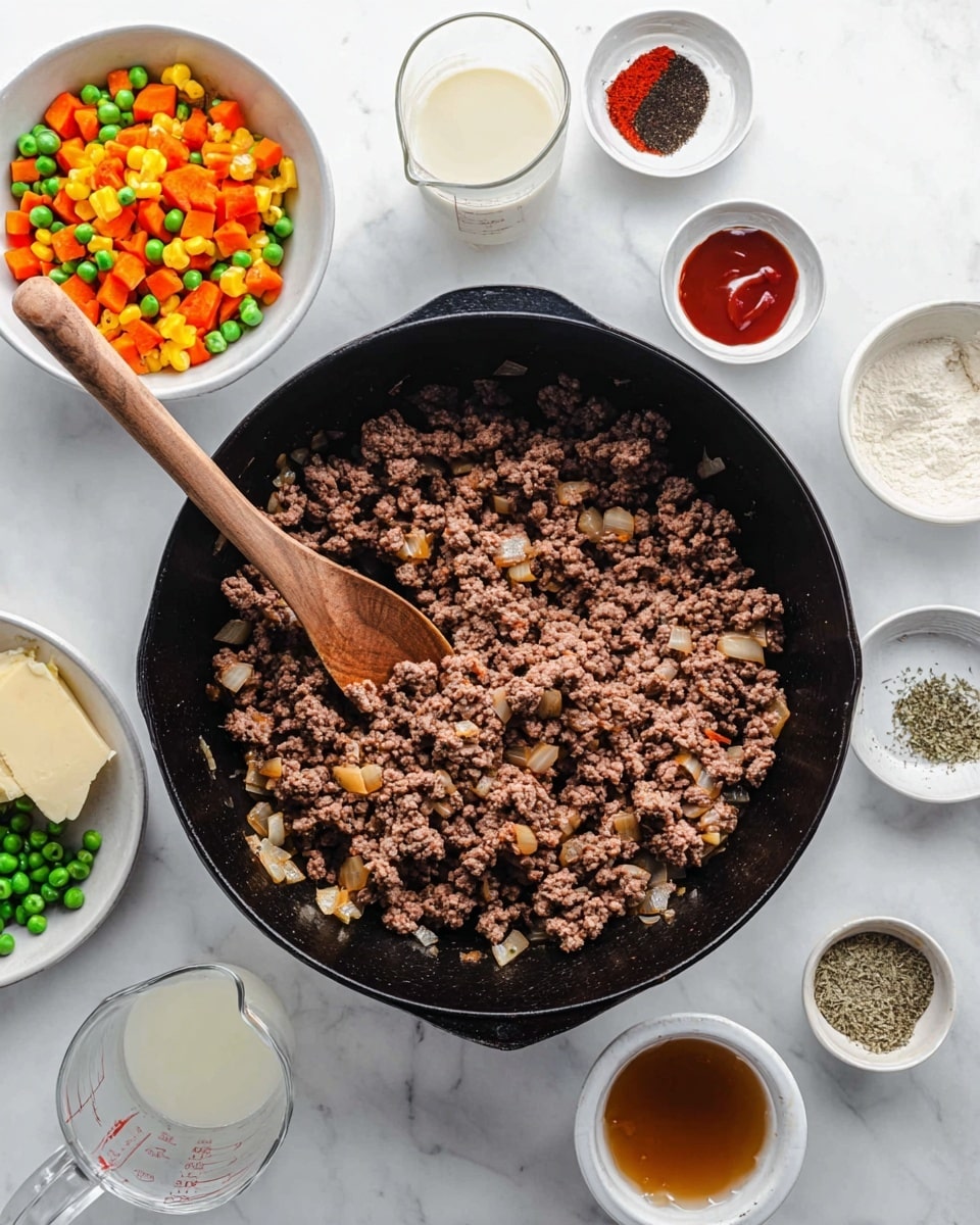 A large black cast iron pan sits in the center on a white marbled surface, filled with cooked ground meat mixed with small pieces of light-colored onions, being stirred by a wooden spoon resting inside the pan. Surrounding the pan are several small white bowls and containers arranged in a loose circle: one holds a mix of colorful diced vegetables with green peas, orange carrots, and yellow corn; others contain white salt, dark soy sauce, dried herbs, red paprika powder, cream-colored butter, tomato paste, ground black pepper, flour, light brown broth in a glass measuring cup, and two small glasses filled with white and cream-colored liquids. The overall scene shows ingredients ready for cooking. photo taken with an iphone --ar 4:5 --v 7