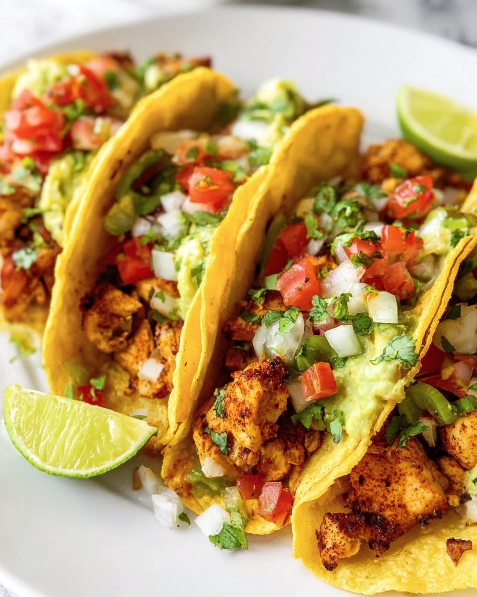 Three soft yellow corn tortillas stand upright on a white plate with a white marbled surface beneath. Each taco is filled with juicy, grilled chunks of golden brown chicken as the bottom layer. On top of the chicken lies a bright mix of finely diced red tomatoes, white onion, and green jalapeno pieces, adding vibrant color. Scattered fresh green cilantro leaves sit over the fillings, with a small scoop of pale green guacamole peeking out in the middle taco. Small lime wedges rest beside the tacos on the plate. The photo is taken with an iphone --ar 4:5 --v 7