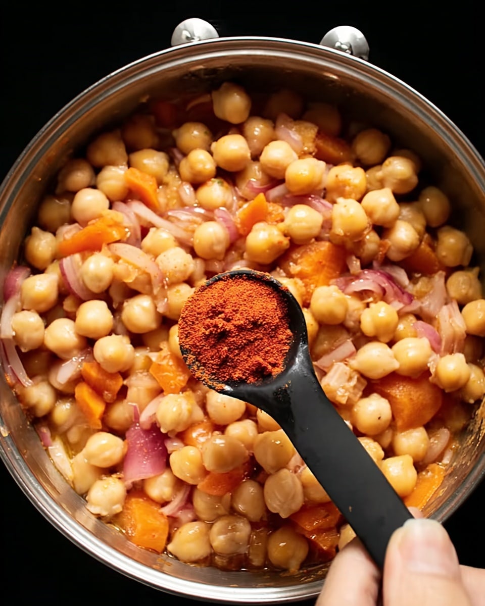 In the image, there is a metal bowl filled with a mix of chickpeas, slices of red onion, and small pieces of orange vegetable, likely carrots, all coated in a light sauce. The chickpeas are plump and light beige, forming the main bulk of the dish with the onions and orange pieces scattered within the mix, adding color and texture contrast. A woman's hand is holding a black measuring spoon filled with red spice powder above the bowl, about to add it to the mixture. The background is black, making the colors in the bowl stand out brightly. photo taken with an iphone --ar 4:5 --v 7