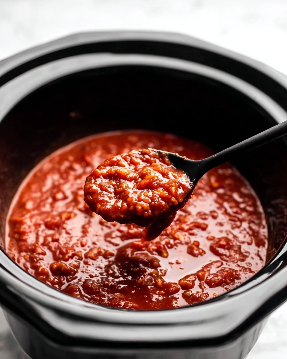 The image shows a close-up of thick red sauce with small chunks inside a black slow cooker. A black spoon is lifting some of the sauce, showing its rich and slightly chunky texture. The sauce has a shiny and smooth surface with visible bits of ingredients in it. The slow cooker is round with a glossy black edge, and the background is a white marbled texture. Photo taken with an iphone --ar 4:5 --v 7