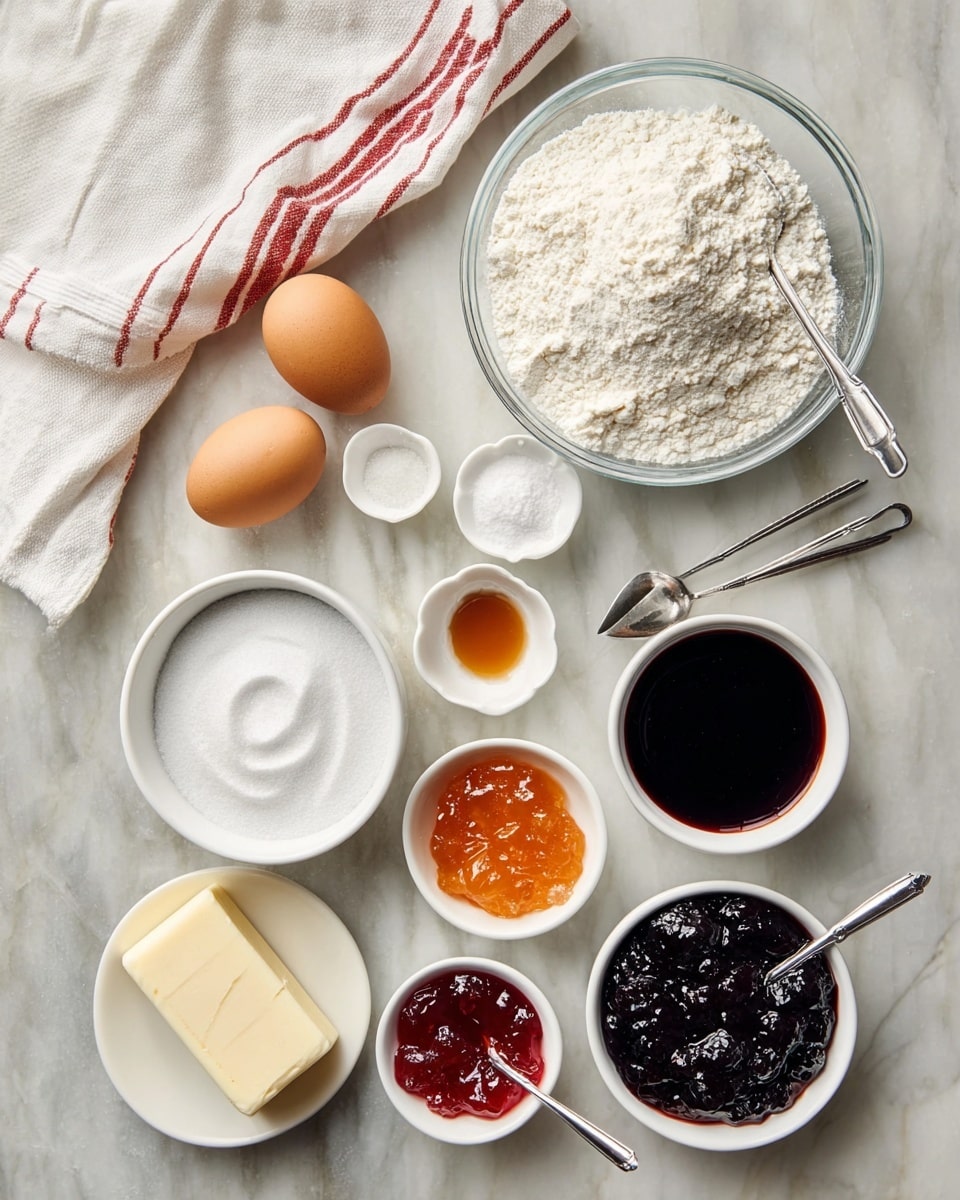 The image shows a white marbled surface with various baking ingredients neatly arranged. At the top center is a clear glass bowl filled with white flour. Three small white bowls hold different items: one with white salt, one with a light brown liquid (vanilla extract), and one with white baking powder. Two brown eggs are placed side by side near the center. Below the eggs, a stick of butter is partially unwrapped, showing its creamy texture. A large white bowl filled with white sugar has a squiggly line drawn on its surface. Three white bowls with metal spoons contain different colors and textures of jam: an orange-colored jam, a red berry jam, and a dark purple or black jam. There is also a folded white cloth with red stripes in the upper left corner. Photo taken with an iphone --ar 4:5 --v 7
