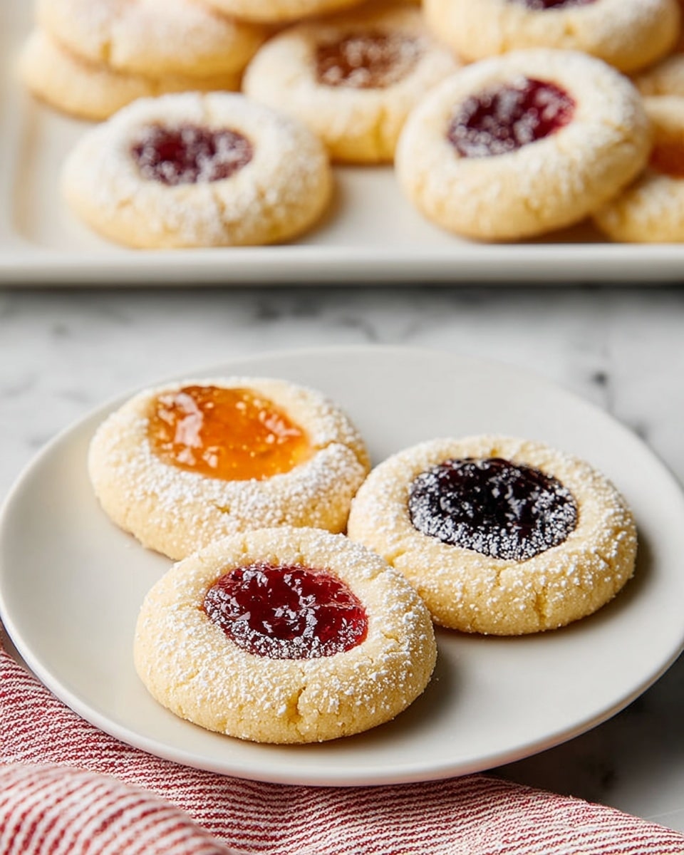 Three thumbprint cookies sit on a small white plate over a white marbled surface. Each cookie has one shallow center filled with different colorful jams: one bright orange, one deep red, and one dark purple. The cookies are soft and light yellow with a dusting of powdered sugar on top, creating a slight contrast. A red and white striped cloth is nearby, partly under the plate. In the background, there is a white rectangular plate holding more cookies with similar jam centers and powdered sugar. Photo taken with an iphone --ar 4:5 --v 7
