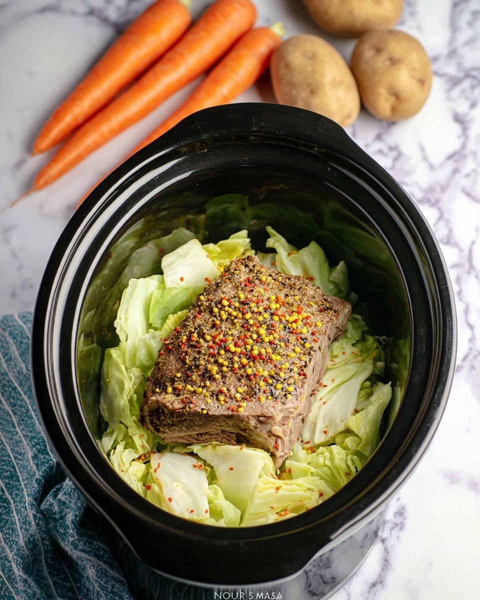 This image shows a black slow cooker with three layers inside. The bottom layer is made of large light green cabbage pieces spread evenly around the cooker. In the middle, there is a thick piece of seasoned meat that is brown with coarse black pepper and small yellow and red mustard seeds on top. In the background, there are three whole carrots with orange color and two brown potatoes resting on a white marbled surface, next to a blue and white striped cloth. photo taken with an iphone --ar 4:5 --v 7