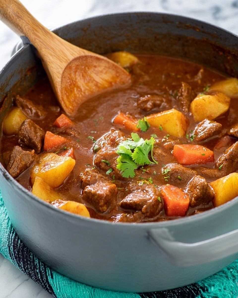 A close-up view of a large gray pot filled with a rich brown stew. The stew has visible chunks of tender brown meat mixed with soft yellow potatoes and orange carrot pieces, all coated in a thick sauce. A wooden spoon is resting inside the pot, partially covered in the sauce. On top of the stew, a small green cilantro sprig sits as garnish. The pot is placed on a white marbled surface with a teal and black striped cloth partially visible underneath. Photo taken with an iphone --ar 4:5 --v 7