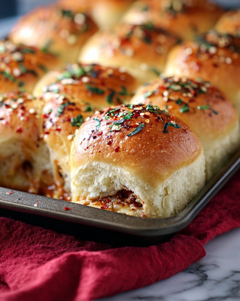 A close-up image shows a baking tray filled with soft, golden-brown slider buns, each topped with green herbs and red pepper flakes. The buns are tightly placed next to each other, with a visible layer of melted cheese and a saucy, textured filling beneath the buns. The tray rests on a red cloth, placed on a white marbled surface. The focus is sharp on the buns at the front while the rest softly fades into the background. photo taken with an iphone --ar 4:5 --v 7