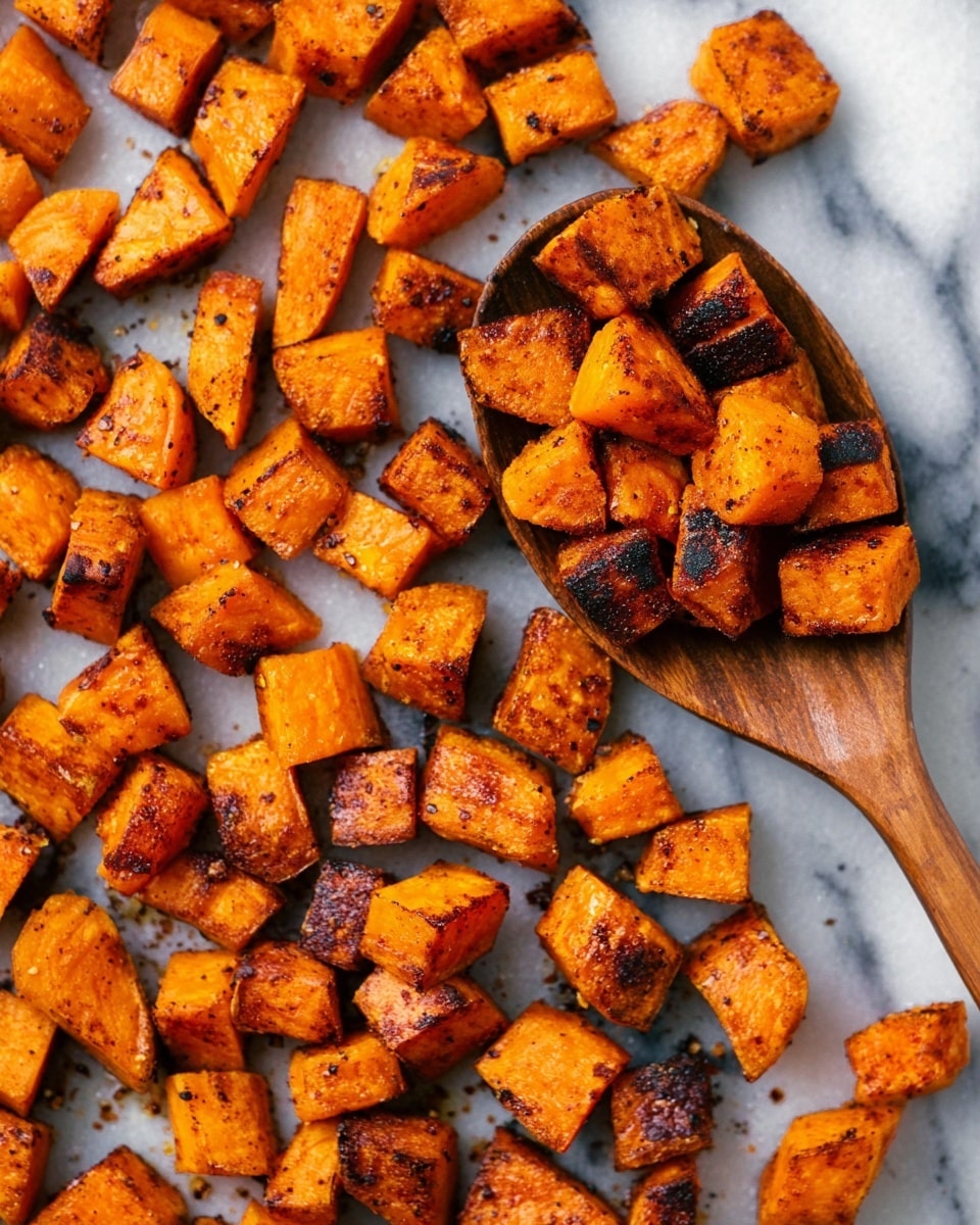 The image shows many small pieces of roasted orange sweet potatoes spread out on a white marbled surface. Each piece has a slightly browned, crispy texture with some darker charred spots. On the right side, a wooden spoon holds a small pile of the roasted sweet potatoes, showing their rough, seasoned surface up close. The warm orange tones of the sweet potatoes contrast with the neutral white background. Photo taken with an iphone --ar 4:5 --v 7