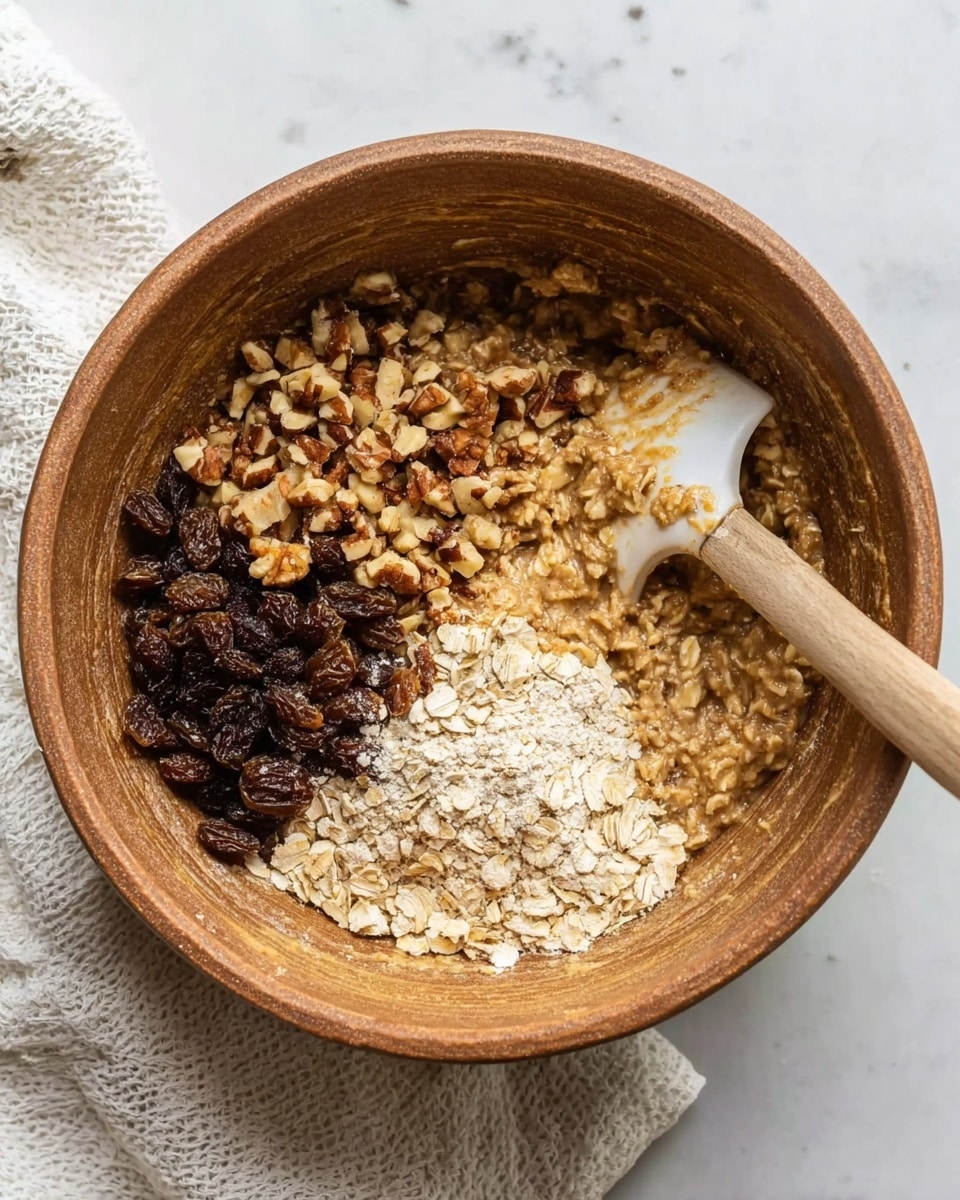A round brown mixing bowl filled with a thick oatmeal mixture that is light brown and lumpy, topped with two neat piles: one of chopped nuts which are light beige and crunchy-looking, and the other of dark brown raisins. A white spatula with a wooden handle covered partially with the oatmeal mix lies inside the bowl. The bowl is placed on a white marbled surface with a white textured cloth nearby. Photo taken with an iphone --ar 4:5 --v 7
