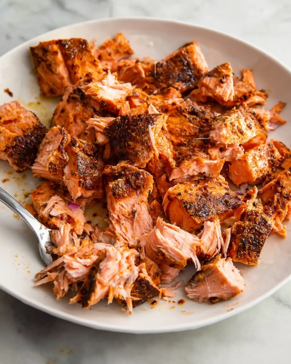 The image shows a close-up of a white plate filled with several pieces of cooked salmon. The salmon is broken into many uneven chunks, showing a mix of pink, flaky textures along with darker, slightly burnt edges that add a crisp look. The plate rests on a white marbled surface, and a silver fork is partially visible under some fish pieces on the left side of the plate. The overall colors are warm, with the salmon’s vibrant pink contrasting with the darker spices or char marks. photo taken with an iphone --ar 4:5 --v 7