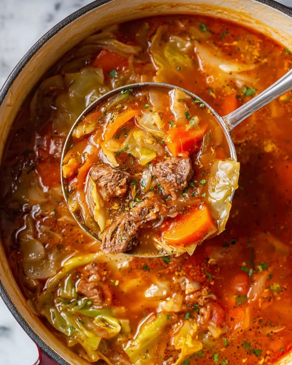 The image shows a close-up of a soup in a white pot with an orange-red broth. The soup has many layers of ingredients: chunks of brown meat with a slightly rough texture, orange carrot pieces, and light green cabbage leaves with soft edges. The broth is thick and glossy, speckled with black pepper and small green herbs. A silver ladle lifts a portion of the soup, showing a mix of all these colorful ingredients. The pot sits on a white marbled surface. Photo taken with an iphone --ar 4:5 --v 7