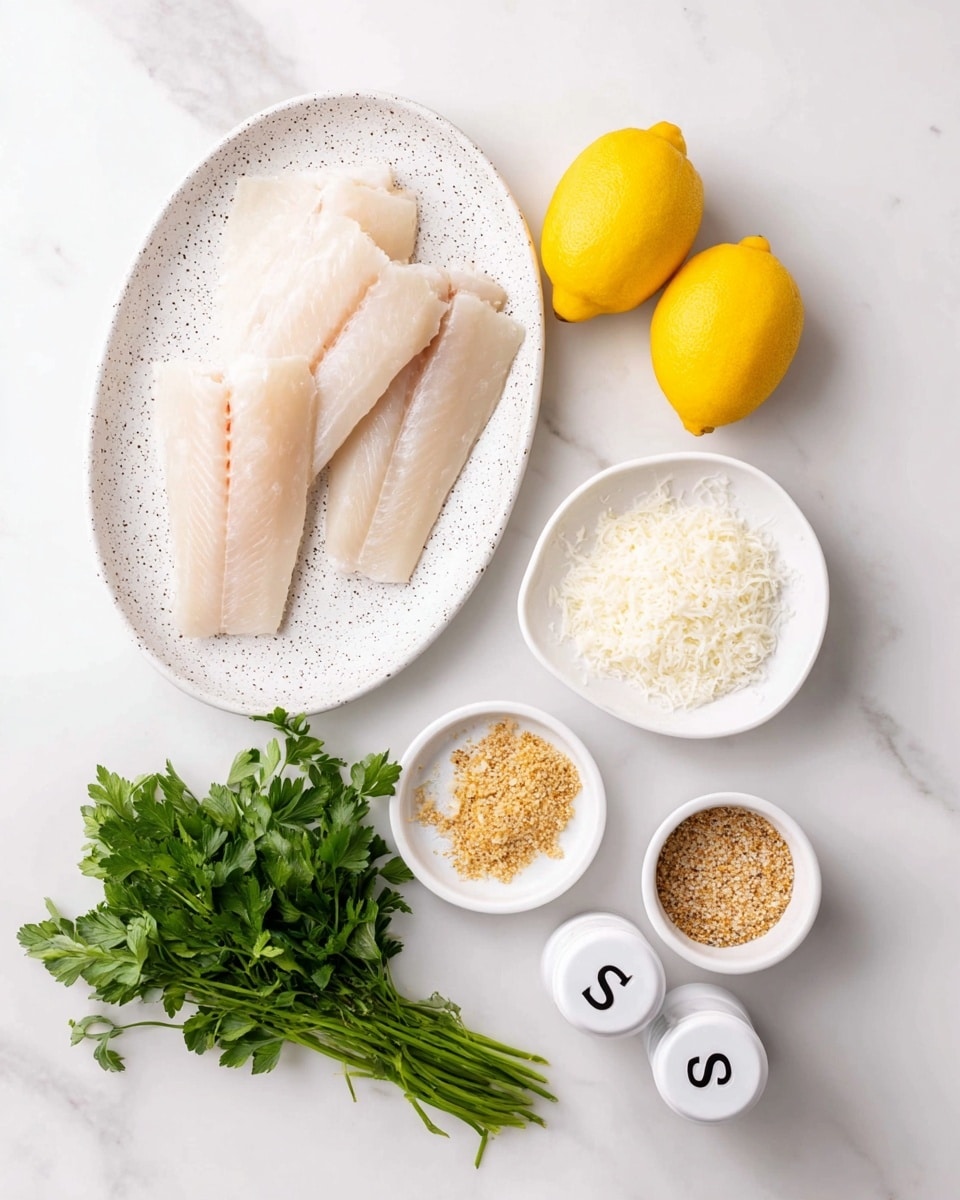 The image shows fresh fish fillets arranged side by side on a large white speckled oval plate at the top left. Below the plate are two bright yellow lemons placed close together. To the right of the lemons, there is a small white bowl filled with white grated cheese. At the bottom right, there is another small white bowl containing light brown seasoned breadcrumbs. On the left of these bowls, a small white dish holds minced garlic. To the left of the garlic dish, a bunch of fresh green parsley is spread out with its stems pointing left. Two white salt and pepper shakers with black letters