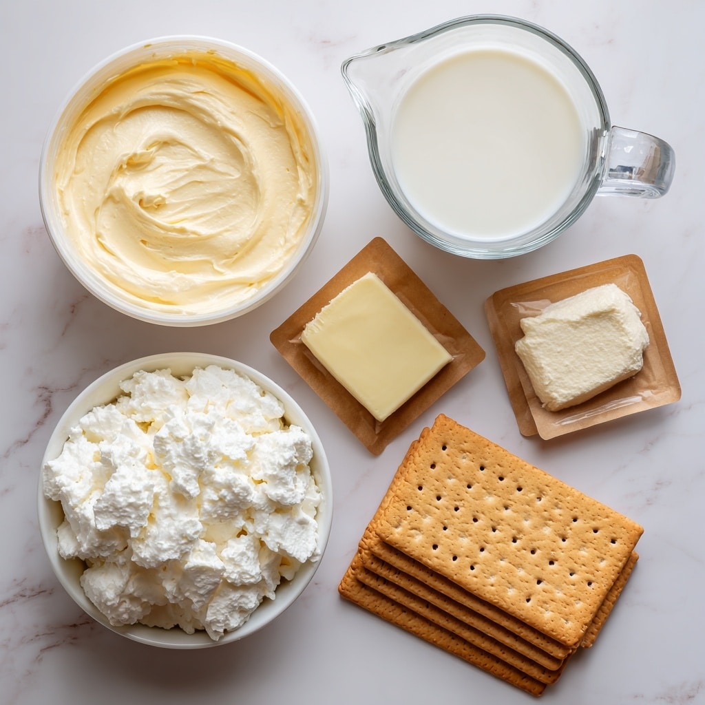 The image shows ingredients for a dessert arranged neatly on a white marbled surface. There is an open white container of lemon frosting showing its smooth, pale yellow texture in the top left corner. To the right, a clear glass measuring cup holds white milk with a slight shine on the surface. Below the frosting, a white bowl filled with fluffy white whipped topping has a soft, light texture. Next to the milk, there are two small open brown paper packets; one contains pale yellow instant lemon pudding and the other a light cream-colored instant vanilla pudding powder. At the bottom, there are two stacks of rectangular graham crackers, one stack with smooth edges and the other stack with holes on the surface, all light brown in color. photo taken with an iphone --ar 4:5 --v 7