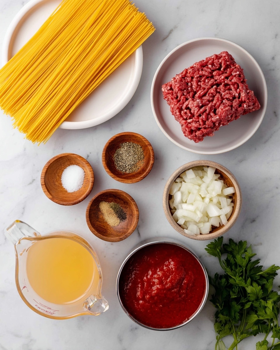 The image shows uncooked food ingredients arranged neatly on a white marbled surface. On the top left is a white plate holding a bundle of uncooked spaghetti, long and yellow. To the top right is another white bowl containing a block of raw ground beef, dark red with flecks of white fat. Below this is a small wooden bowl filled with chopped white onions. There are three small wooden bowls positioned near the center; one contains minced garlic, another holds a mixture of spices including salt, pepper, and dried herbs, and the middle one is empty with a slight shine. At the bottom left is a glass measuring cup filled with light yellow broth. To the right of the measuring cup is a small metal bowl filled with a thick red tomato paste, and behind it is a tall container filled with crushed tomatoes showing a rich deep red color. Some fresh green parsley leaves are placed at the bottom right corner. photo taken with an iphone --ar 4:5 --v 7