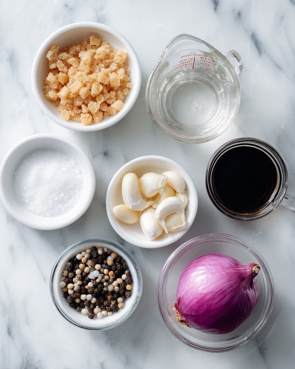 The image shows six containers on a white marbled surface, each holding a different ingredient arranged neatly: a small white bowl with light tan sugar grains, a small white bowl with peeled garlic cloves in pale yellow, a clear measuring jug with transparent vinegar, a small white bowl with white salt crystals, a small white bowl filled with mixed dark and light peppercorns, and a clear glass bowl containing a half piece of bright purple-red onion. Each ingredient is clearly labeled with dark banners and white text photo taken with an iphone --ar 4:5 --v 7