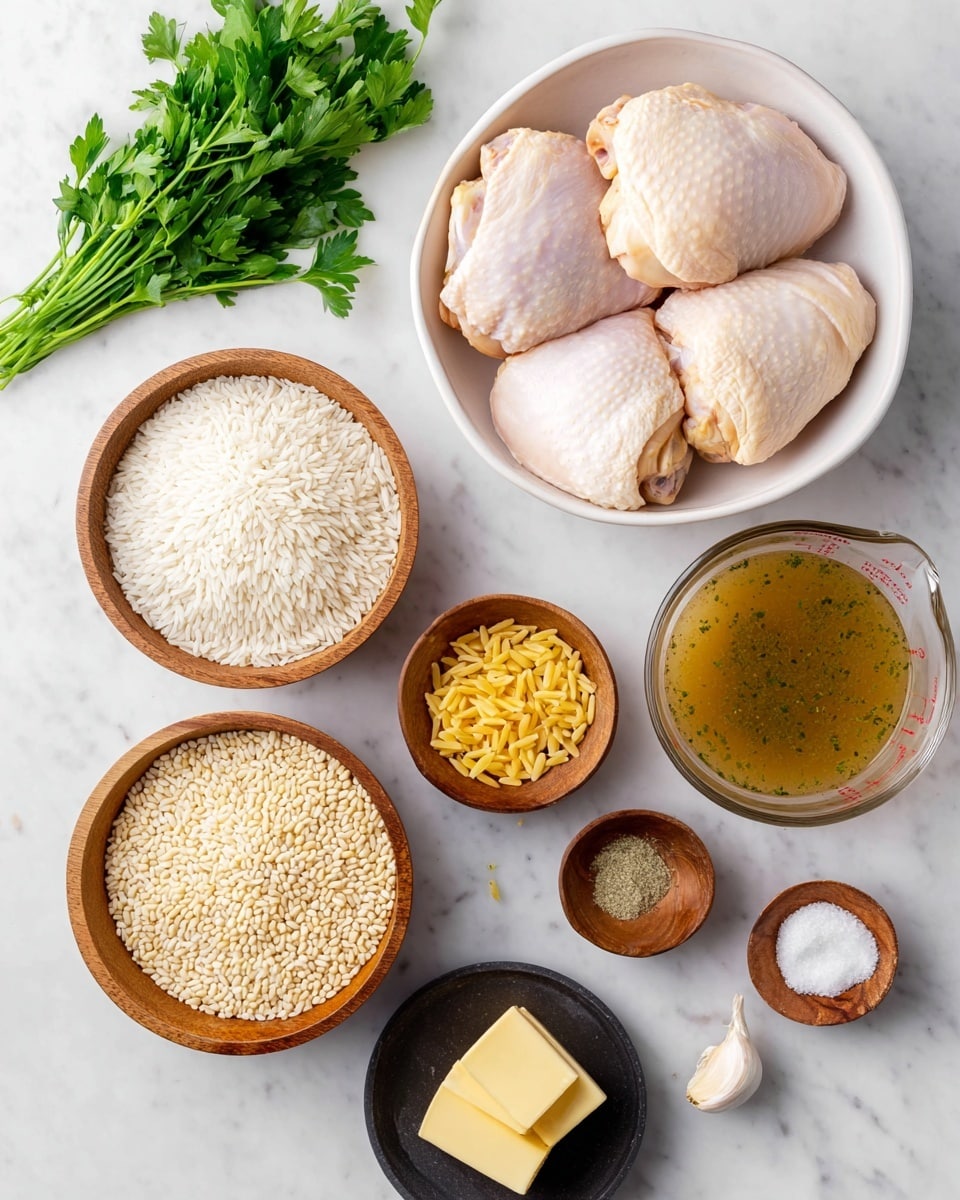 The image shows raw ingredients arranged neatly on a white marbled surface. In the center top, a white bowl holds three pale pink chicken thighs with a slightly folded texture. Below it, two small wooden bowls sit side by side; the left one has white uncooked rice grains, and the right one contains small yellow orzo pasta pieces. To the left, a bunch of green parsley leaves adds a fresh touch. On the right side, a clear measuring cup filled with light brown broth with green herbs is visible. Below, a small black bowl holds two yellow butter slices. Around it are three tiny wooden bowls with finely chopped white onions, minced garlic, and white salt with pepper. The arrangement is clean and organized. photo taken with an iphone --ar 4:5 --v 7