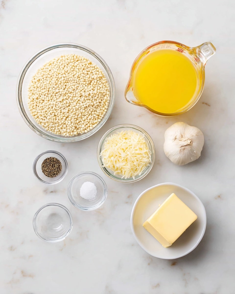 A top view shows seven small containers arranged on a white marbled surface. The largest container on the left is a clear glass bowl filled with small round white grains. To its right, there is a clear glass measuring cup filled with bright yellow liquid. Below these, from left to right, are five smaller bowls and items; a tiny clear glass bowl containing black pepper, next to it another tiny clear glass bowl with white salt, a medium clear glass bowl filled with grated pale yellow cheese, a single whole garlic clove placed on the surface, and lastly, a small white bowl holding a square piece of pale yellow butter. Photo taken with an iphone --ar 4:5 --v 7