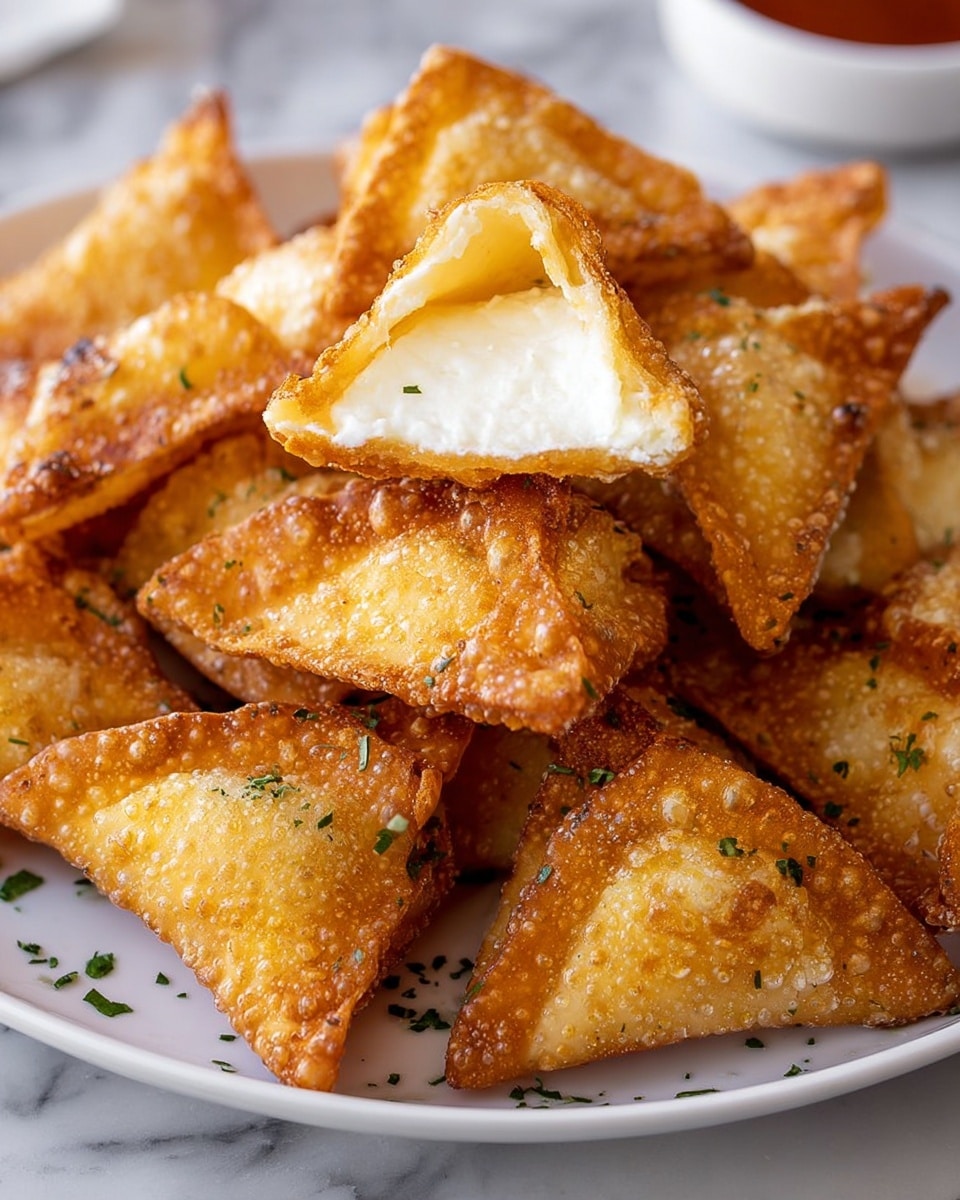 A white plate filled with many small, golden brown fried triangles that have a bubbly, crispy texture on their surface. One triangle is cut open on top of the pile, showing a smooth, white creamy filling inside. Small green herb bits are sprinkled over the plate around the triangles. In the background, there is a thick white marbled texture. A small part of a white bowl with a red sauce is visible on the right side of the plate. photo taken with an iphone --ar 4:5 --v 7