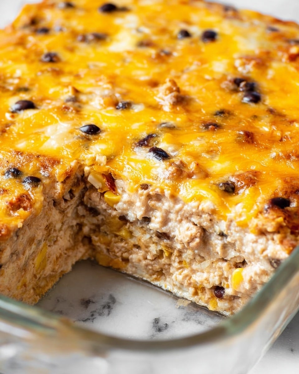 This image shows a close-up of a three-layer casserole dish in a clear glass container sitting on a white marbled surface. The bottom layer is light beige and slightly textured, likely a soft base. The middle layer contains bits of light brown and some small yellow pieces mixed in, giving a chunky texture. The top layer is a thick, melted cheese crust with mixed yellow and white tones, scattered with small black beans evenly spread across the surface. A section in the front right has been removed, revealing the inside layers clearly. Photo taken with an iphone --ar 4:5 --v 7
