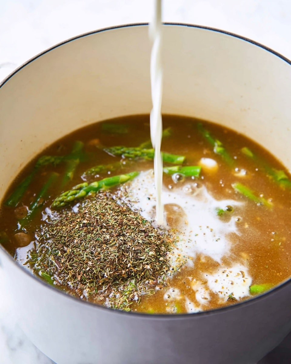 A white pot filled with a warm brown broth that has visible green asparagus pieces scattered inside. On top of the broth, there is a layer of mixed dried herbs in mostly dark brown and light tan colors. White liquid is being poured into the pot, creating creamy swirls and bubbles on the surface near the center. The pot is set on a white marbled surface. photo taken with an iphone --ar 4:5 --v 7
