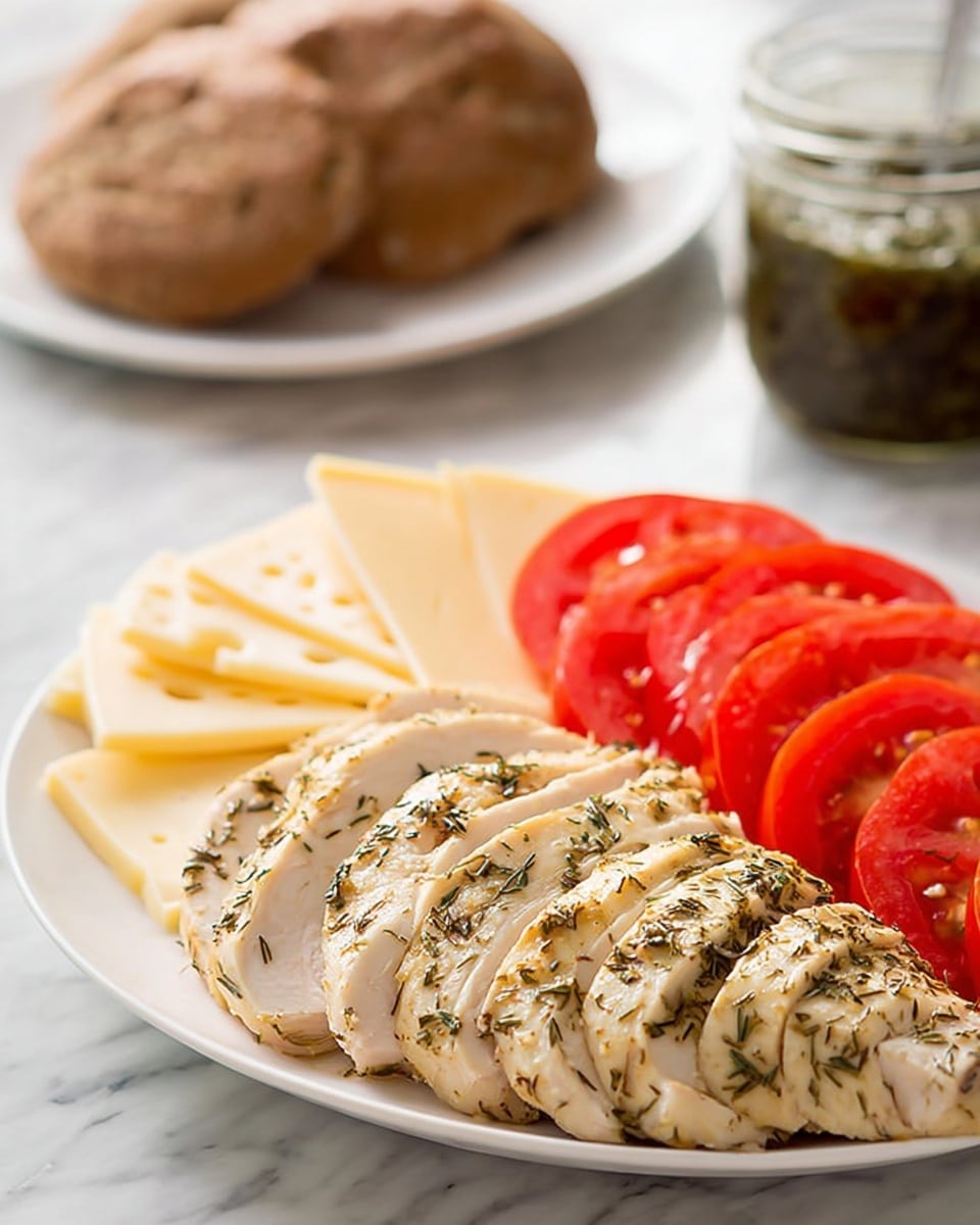 The image shows a white plate with three layers arranged side by side: at the front, there is a row of sliced cooked chicken seasoned with herbs, light beige with a slightly textured surface; behind it, there are bright red, fresh tomato slices with a juicy and slightly glossy texture; and at the back, there are several slices of pale yellow cheese with small holes, flat and smooth. In the background, on a white marbled surface, there is a white plate with four round brown breads and a small glass jar filled with a dark green sauce or spread. photo taken with an iphone --ar 4:5 --v 7