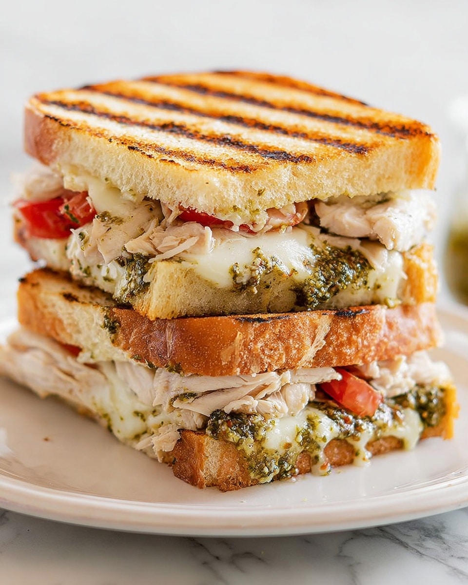 The image shows a sandwich stacked with two layers of toasted golden-brown bread, each piece marked with grill lines on top. Between the slices, there are layers of melted white cheese, chunks of white cooked chicken, green pesto spread, and slices of red tomato. The sandwich is placed on a white plate with a slightly raised rim, set against a white marbled background. photo taken with an iphone --ar 4:5 --v 7