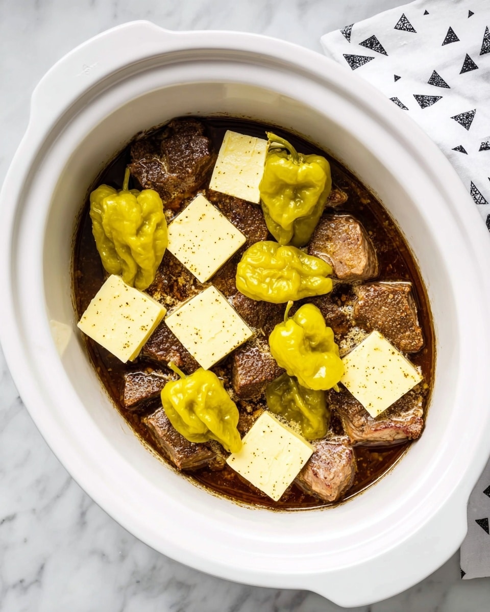 Inside a white slow cooker, there are several pieces of browned meat forming the bottom layer, covered with a dark brown sauce. On top of the meat, about nine square pieces of pale yellow butter are spread out evenly. Scattered among the butter pieces are bright yellow-green peppers with a wrinkled texture, some positioned sideways and some upright, creating a mix of shapes and sizes. The background is a white marbled surface with a glimpse of a white cloth featuring small black triangles on the right side. photo taken with an iphone --ar 4:5 --v 7