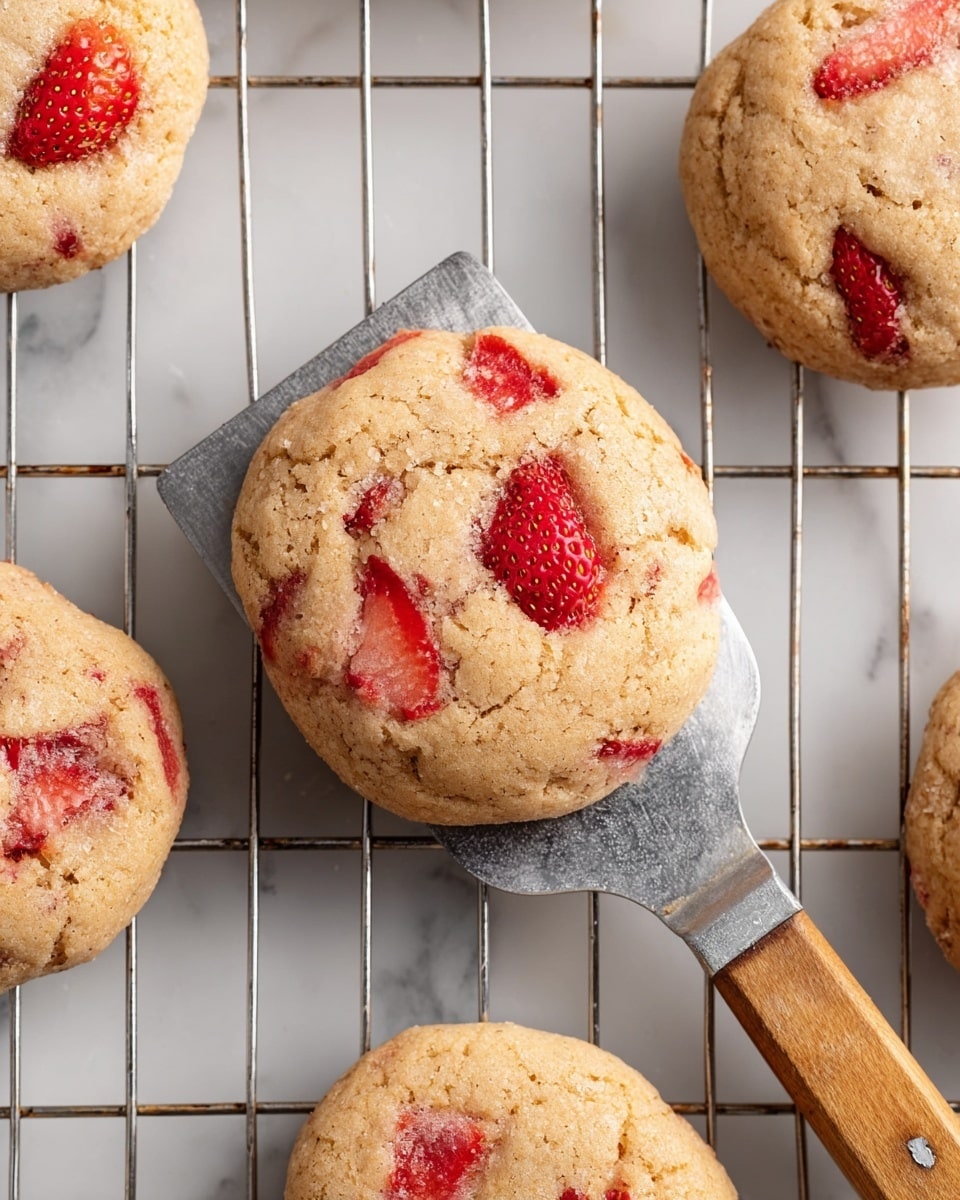 A round cookie with a light golden brown color and a soft texture sits on a metal spatula with a wooden handle, resting on a wire cooling rack. The cookie has visible pieces of fresh red strawberries embedded in the dough, scattered unevenly across the top and sides. Surrounding the cookie on the rack are more similar cookies, each showing unevenly placed bright red fruit bits. The scene is set on a white marbled surface. photo taken with an iphone --ar 4:5 --v 7