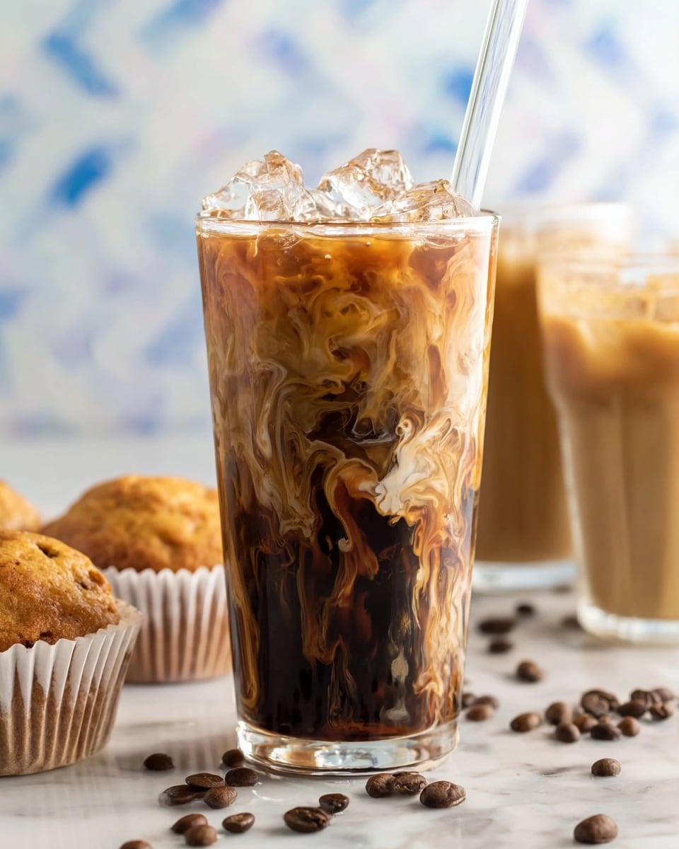 The image shows a tall clear glass filled with iced coffee, featuring three visible layers: a dark brown coffee layer at the bottom, a swirling mix of creamy light brown and darker coffee in the middle, and ice cubes floating on top. The glass has a clear straw. Behind it, more glasses with a creamy light brown iced coffee and ice are visible. To the left, there are three golden brown muffins in white paper liners. Scattered coffee beans rest on a white marbled surface under everything. The background has a soft, out-of-focus blue and white geometric pattern. Photo taken with an iphone --ar 4:5 --v 7