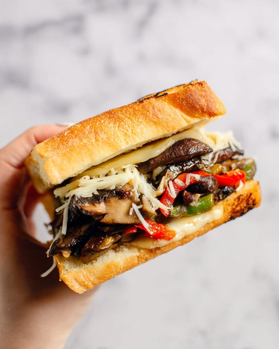 A sandwich held by a woman's hand with a top layer of toasted light brown bread that has a crispy texture, beneath it there is a layer of shredded pale yellow cheese, resting on a mix of dark brown grilled mushrooms and green and red roasted peppers, all inside a bottom layer of light golden toasted bread that appears soft inside. The background is a white marbled texture photo taken with an iphone --ar 4:5 --v 7